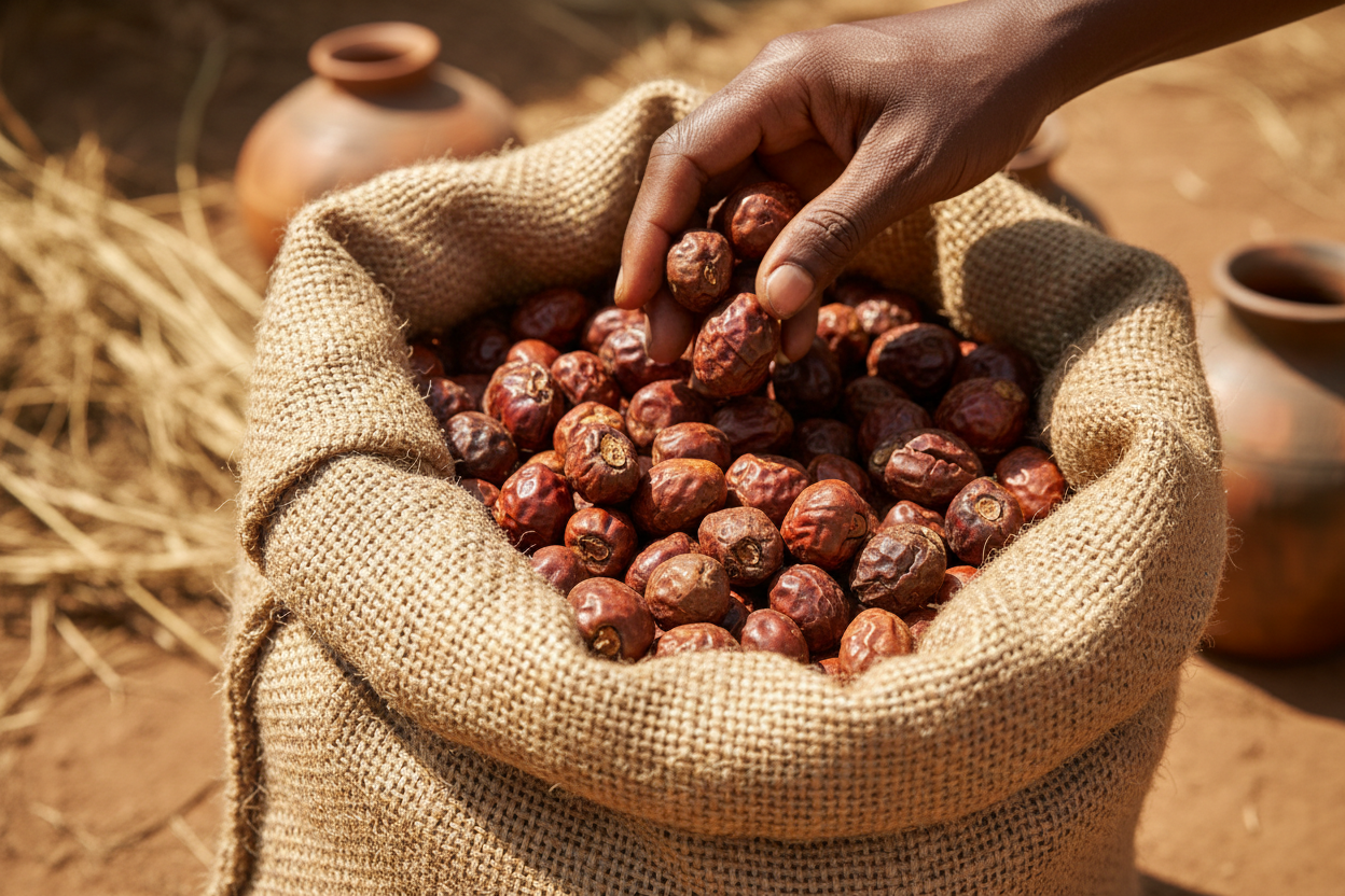 refait l'image sans gens juste un gros sac remplie de noix de cola de qualité avec une main 